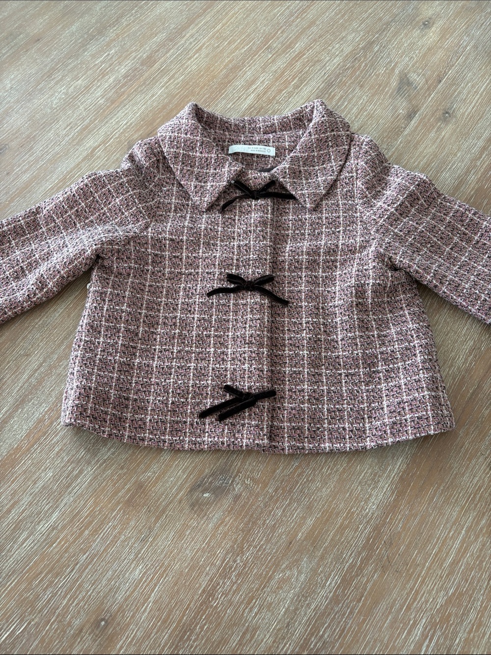 New Zara Girls' Pink Tweed Jacket with Bow Closures Size 6